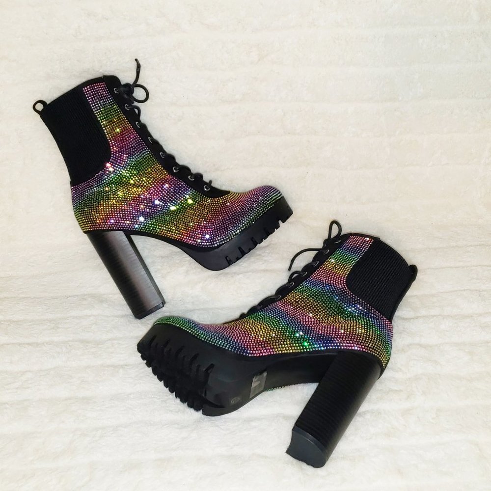 Rainbow Sparkle Rhinestone Chunky High Heel Ankle Boots - Picture 4 of 17